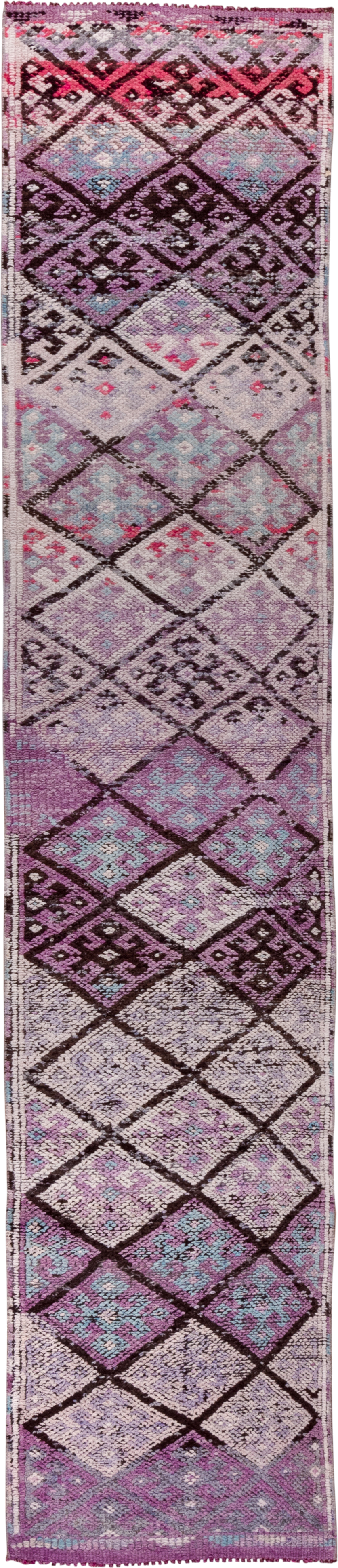 2' x 11' one-of-a-kind handmade vintage Oushak runner rug. Color palette: lavender, plum, ivory, aqua, rose, charcoal