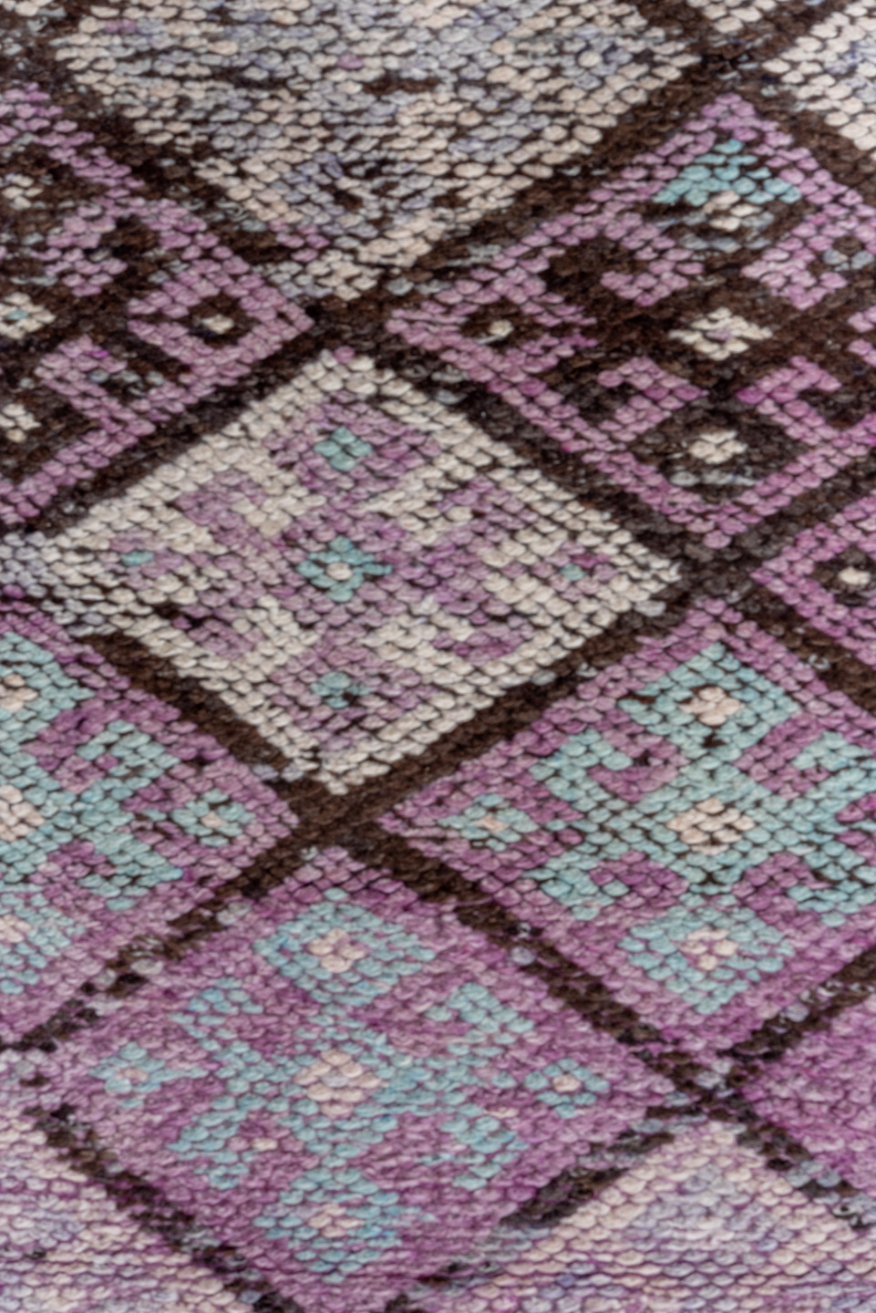 2' x 11' one-of-a-kind handmade vintage Oushak runner rug. Color palette: lavender, plum, ivory, aqua, rose, charcoal