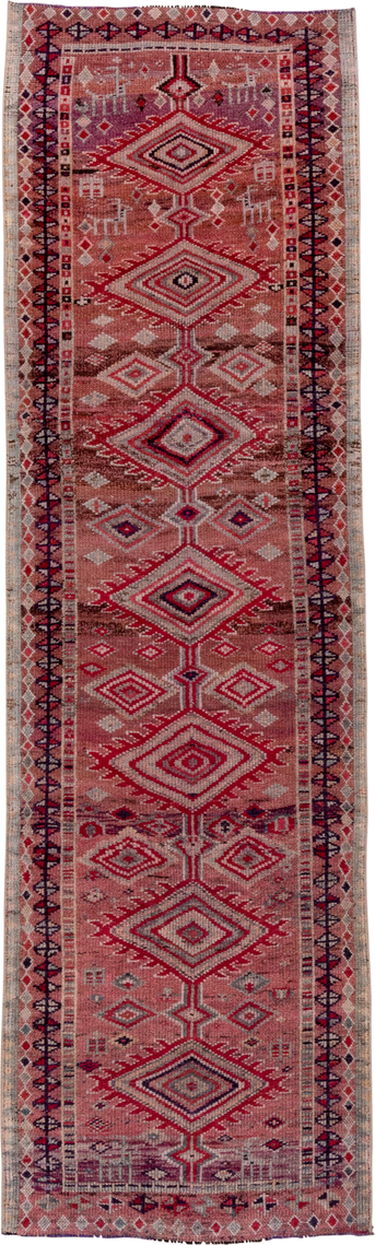 2' x 10' one-of-a-kind handmade vintage Oushak runner rug. Color palette: rose, terracotta, ivory, burgundy, taupe, crimson