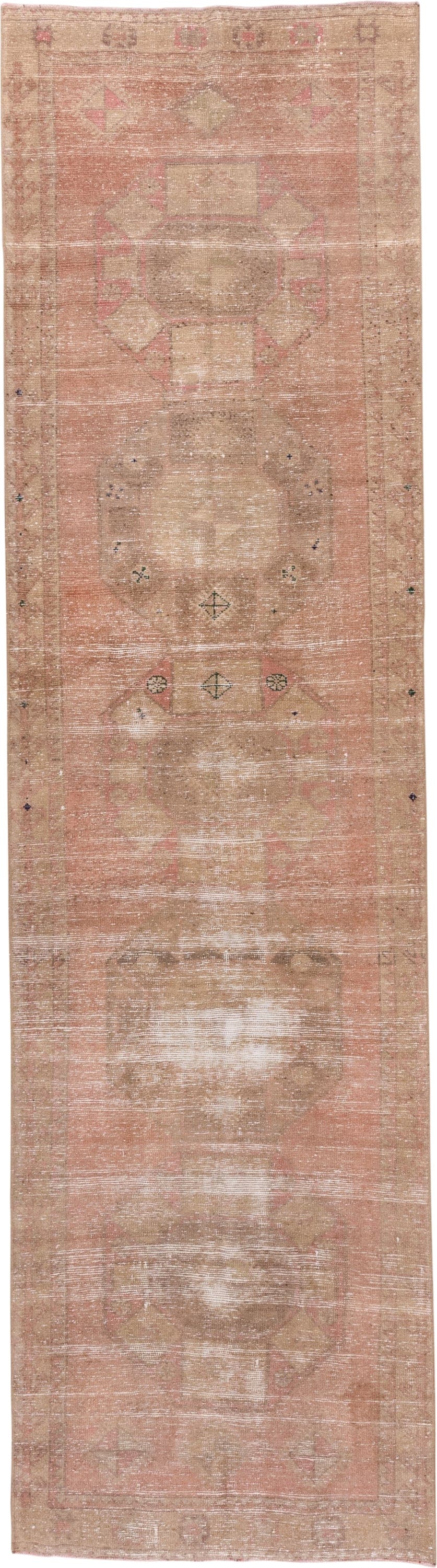 3' x 11' one-of-a-kind handmade vintage Oushak runner rug. Color palette: blush, beige, taupe, ivory, rose, sage, brown