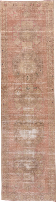 3' x 11' one-of-a-kind handmade vintage Oushak runner rug. Color palette: blush, beige, taupe, ivory, rose, sage, brown