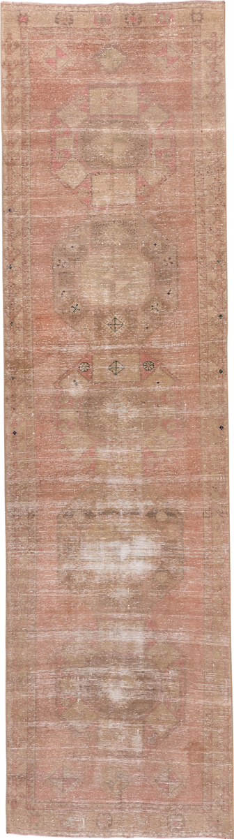 3' x 11' one-of-a-kind handmade vintage Oushak runner rug. Color palette: brown, gray, light gray, off-white, pink, snow