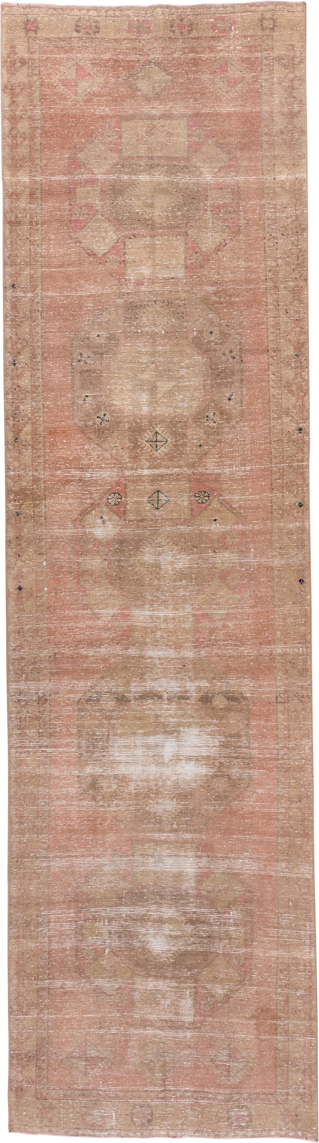 3' x 11' one-of-a-kind handmade vintage Oushak runner rug. Color palette: blush, beige, taupe, ivory, rose, sage, brown