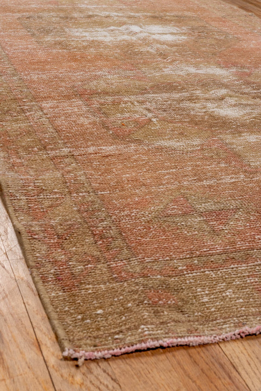 3' x 11' one-of-a-kind handmade vintage Oushak runner rug. Color palette: blush, beige, taupe, ivory, rose, sage, brown