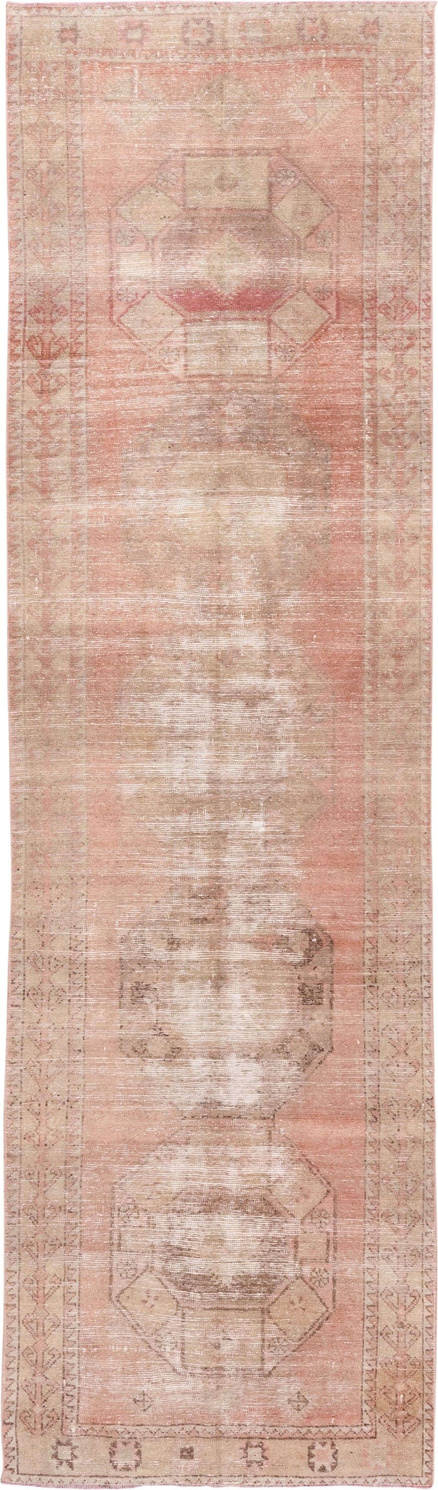 3' x 11' one-of-a-kind handmade vintage Oushak runner rug. Color palette: blush, ivory, taupe, rose, beige, camel, sienna