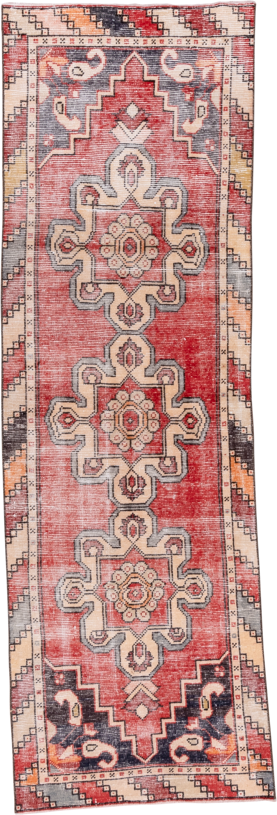 2' x 8' one-of-a-kind handmade vintage Oushak runner rug. Color palette: coral, ivory, slate, charcoal, peach, rose, taupe