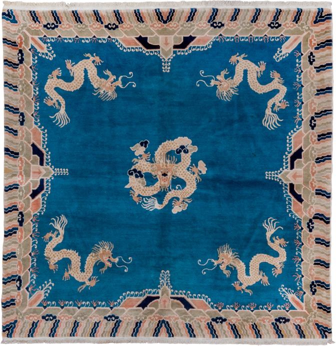 6' x 6' one-of-a-kind handmade vintage Chinese rug. Color palette: blue, ivory, peach, navy, taupe, camel, terracotta, pink