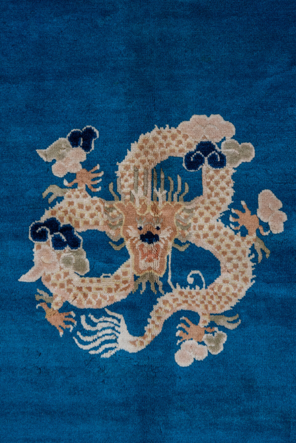 6' x 6' one-of-a-kind handmade vintage Chinese rug. Color palette: blue, ivory, peach, navy, taupe, camel, terracotta, pink