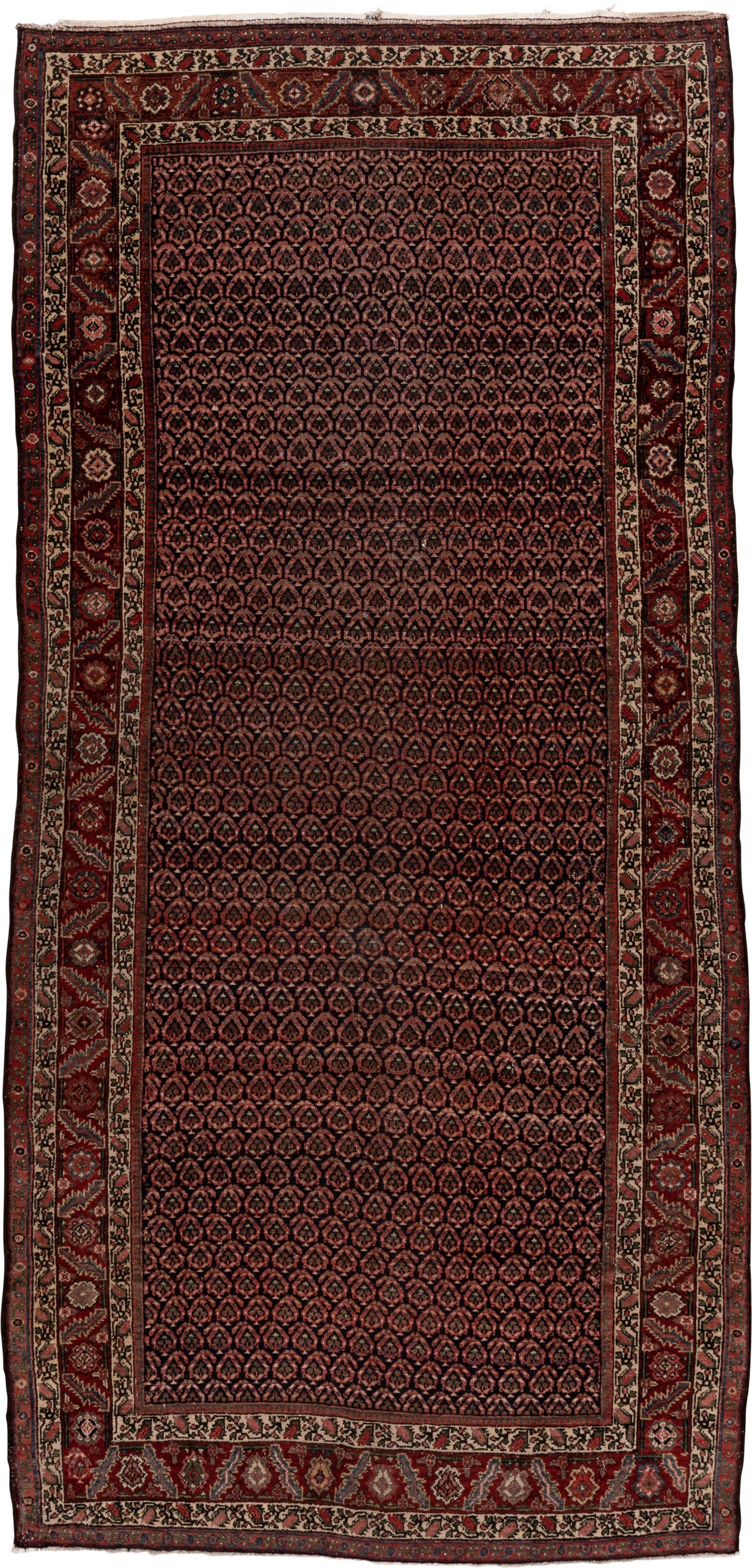 5' x 11' one-of-a-kind handmade vintage Malayer rug. Color palette: rust, navy, ivory, burgundy, camel, charcoal, terracotta
