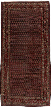 5' x 11' one-of-a-kind handmade vintage Malayer rug. Color palette: rust, navy, ivory, burgundy, camel, charcoal, terracotta