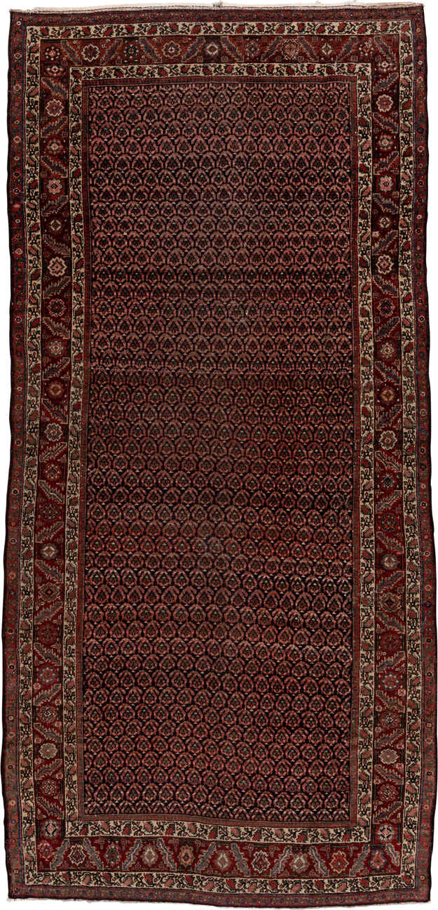 5' x 11' one-of-a-kind handmade vintage Malayer rug. Color palette: rust, navy, ivory, burgundy, camel, charcoal, terracotta