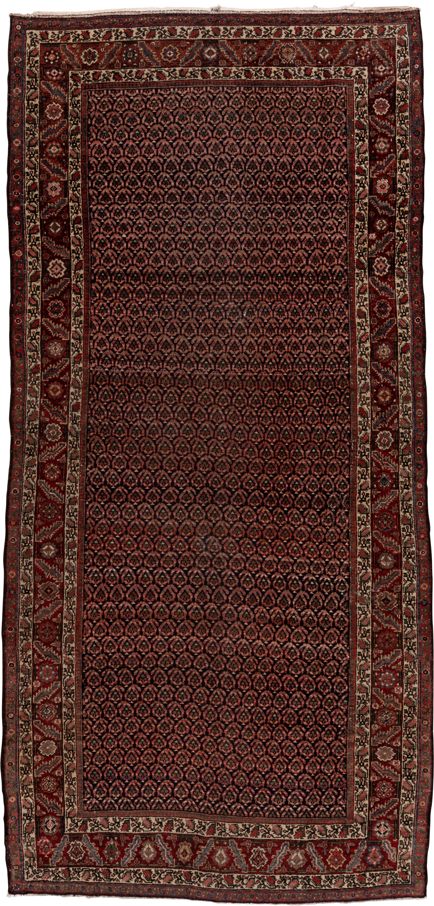 5' x 11' one-of-a-kind handmade vintage Malayer rug. Color palette: rust, navy, ivory, burgundy, camel, charcoal, terracotta