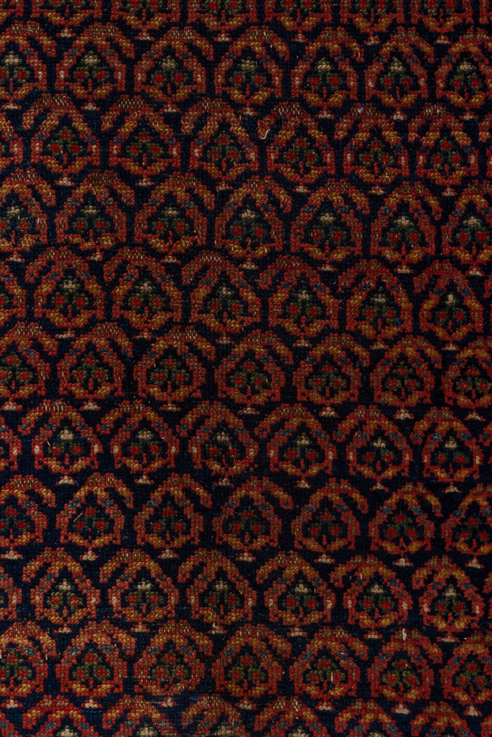 5' x 11' one-of-a-kind handmade vintage Malayer rug. Color palette: rust, navy, ivory, burgundy, camel, charcoal, terracotta
