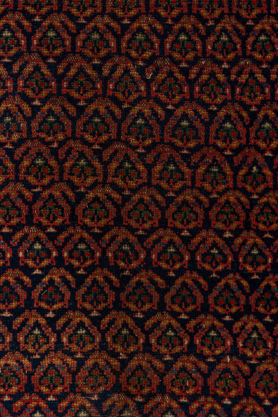 5' x 11' one-of-a-kind handmade vintage Malayer rug. Color palette: rust, navy, ivory, burgundy, camel, charcoal, terracotta