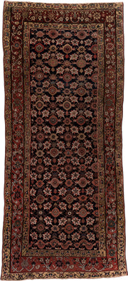 5' x 12' one-of-a-kind handmade vintage Malayer rug. Color palette: navy, rust, camel, ivory, rose, slate, charcoal, blue