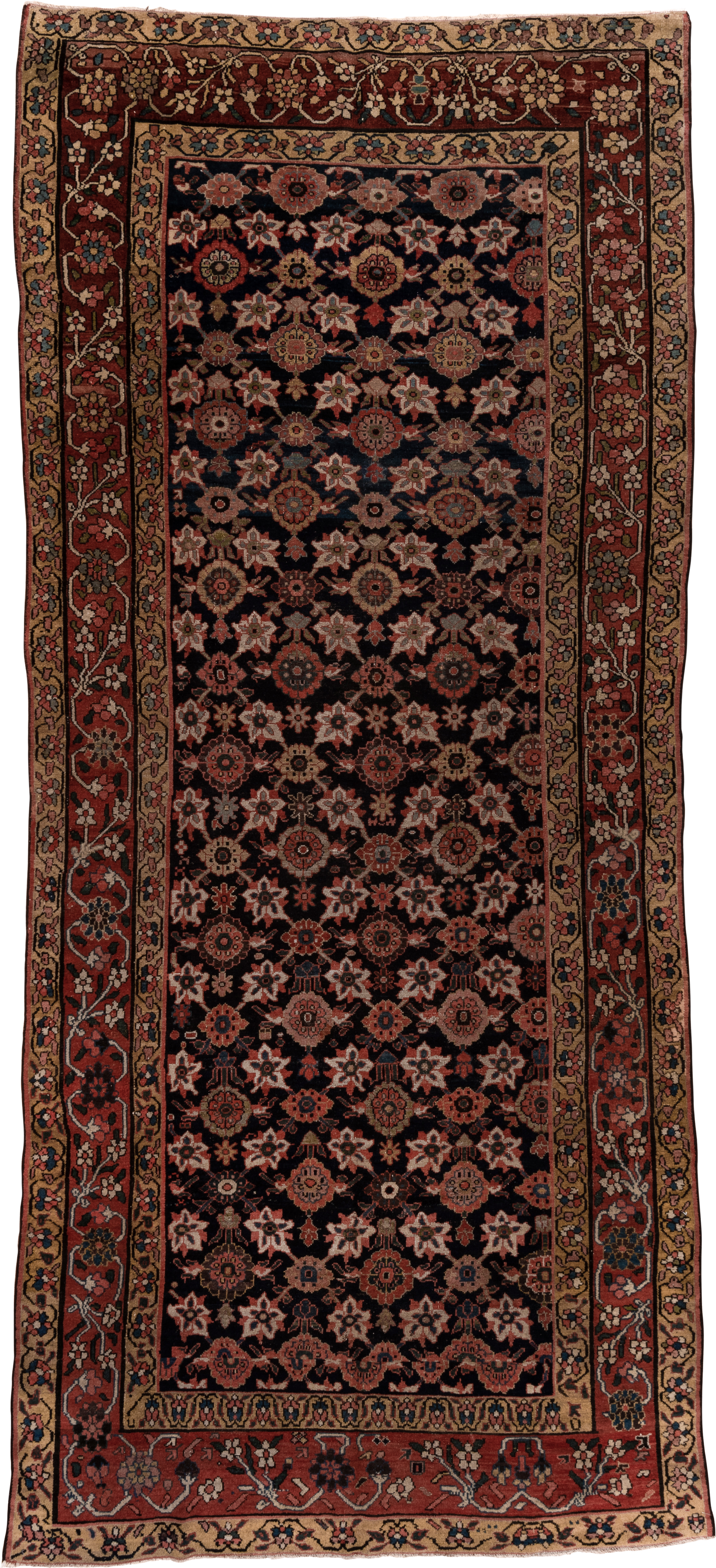 5' x 12' one-of-a-kind handmade vintage Malayer rug. Color palette: navy, rust, camel, ivory, rose, slate, charcoal, blue