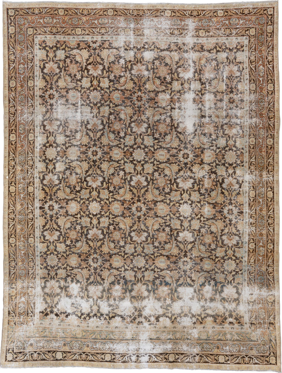 8' x 10' one-of-a-kind handmade vintage Lavar large size rug. Color palette: brown, ivory, camel, taupe, terra cotta