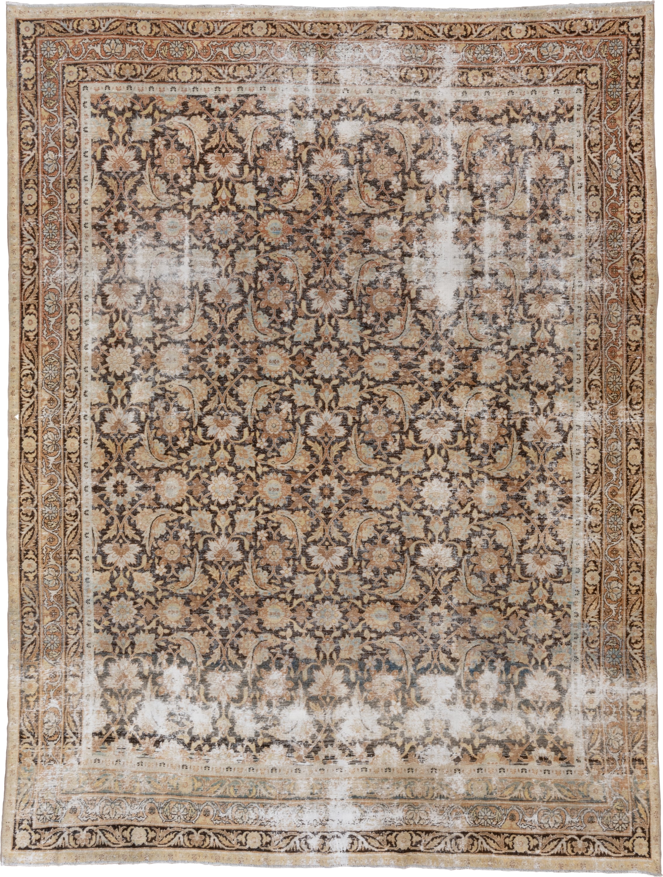 8' x 10' one-of-a-kind handmade vintage Lavar large size rug. Color palette: brown, ivory, camel, taupe, terra cotta