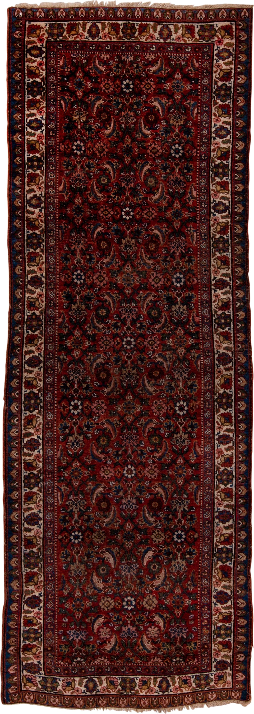 3' x 10' one-of-a-kind handmade vintage Bidjar runner rug. Color palette: rust, ivory, navy, burgundy, camel, charcoal