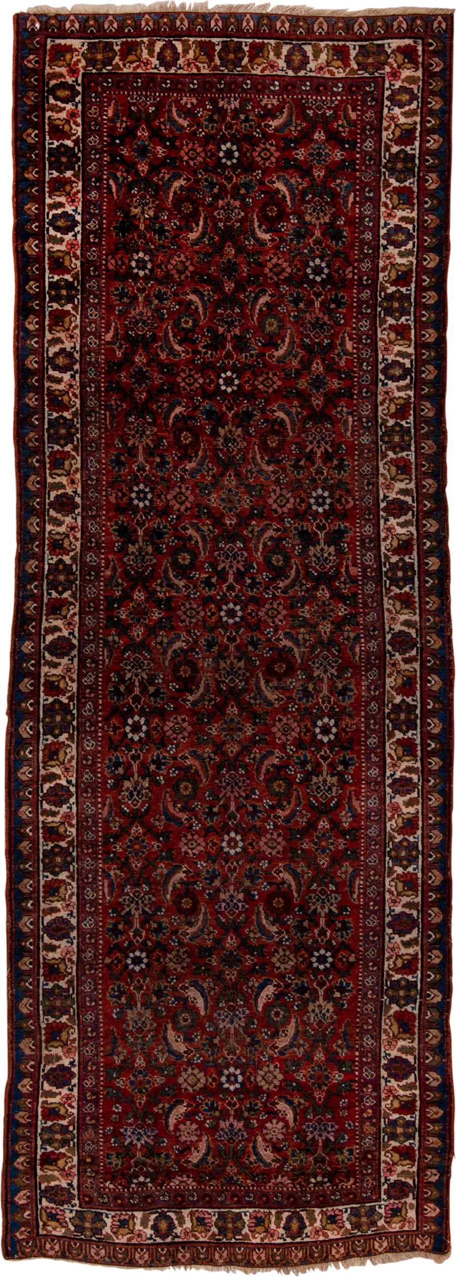 3' x 10' one-of-a-kind handmade vintage Bidjar runner rug. Color palette: rust, ivory, navy, burgundy, camel, charcoal