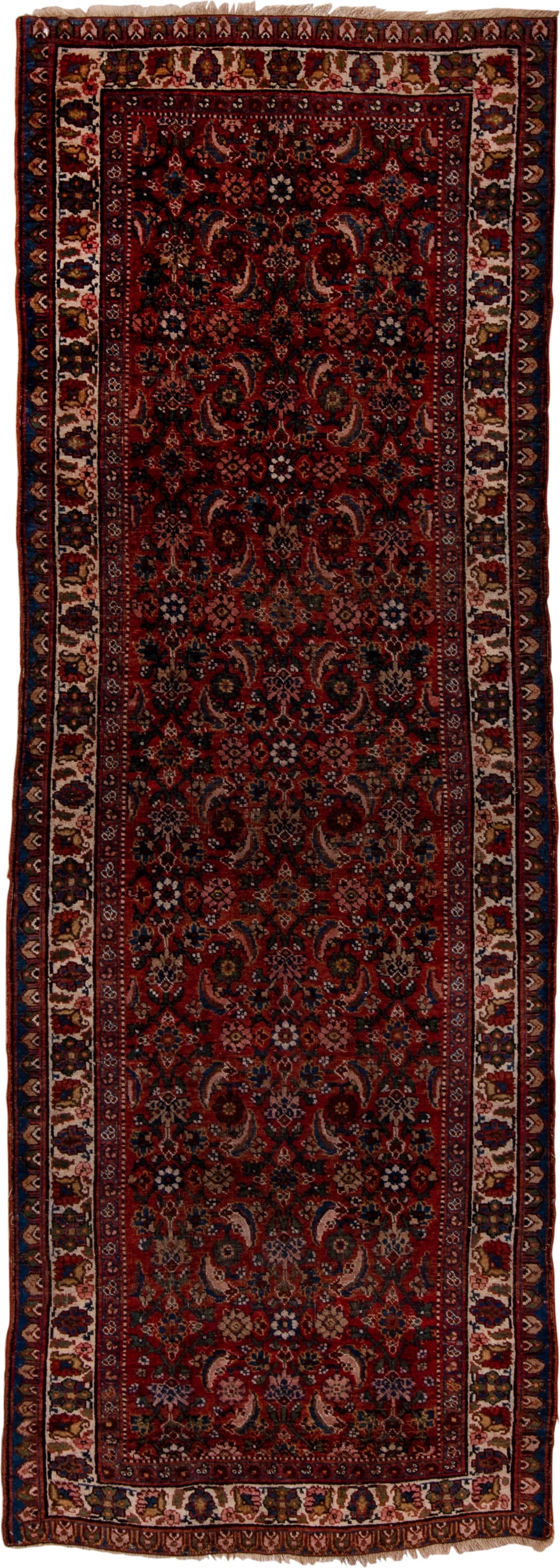 3' x 10' one-of-a-kind handmade vintage Bidjar runner rug. Color palette: rust, ivory, navy, burgundy, camel, charcoal