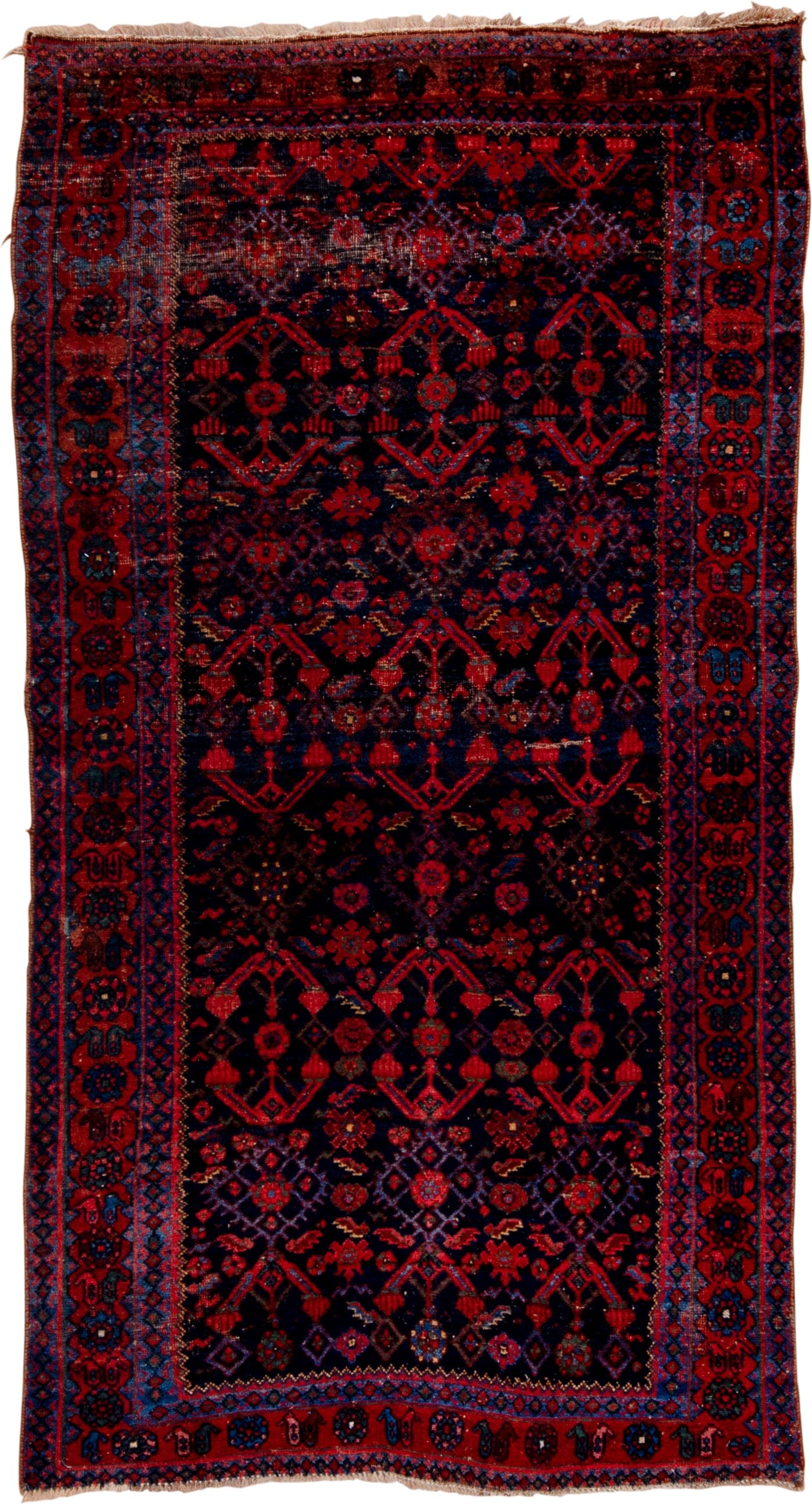 4' x 7' one-of-a-kind handmade vintage Bidjar rug. Color palette: navy, rust, crimson, indigo, burgundy, ivory, blue