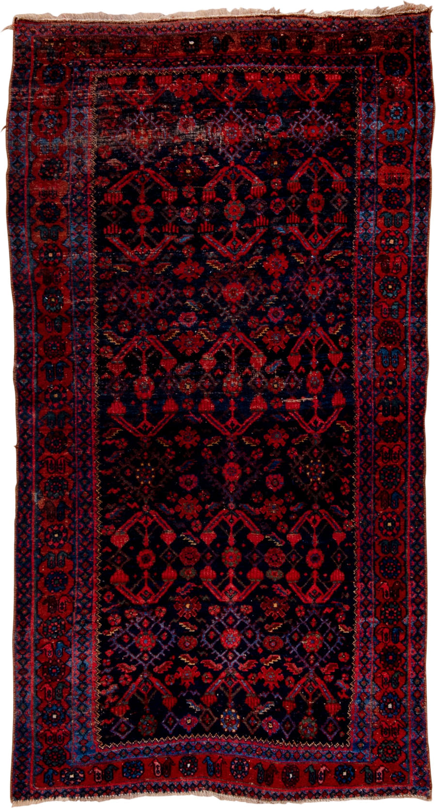 4' x 7' one-of-a-kind handmade vintage Bidjar rug. Color palette: navy, rust, crimson, indigo, burgundy, ivory, blue