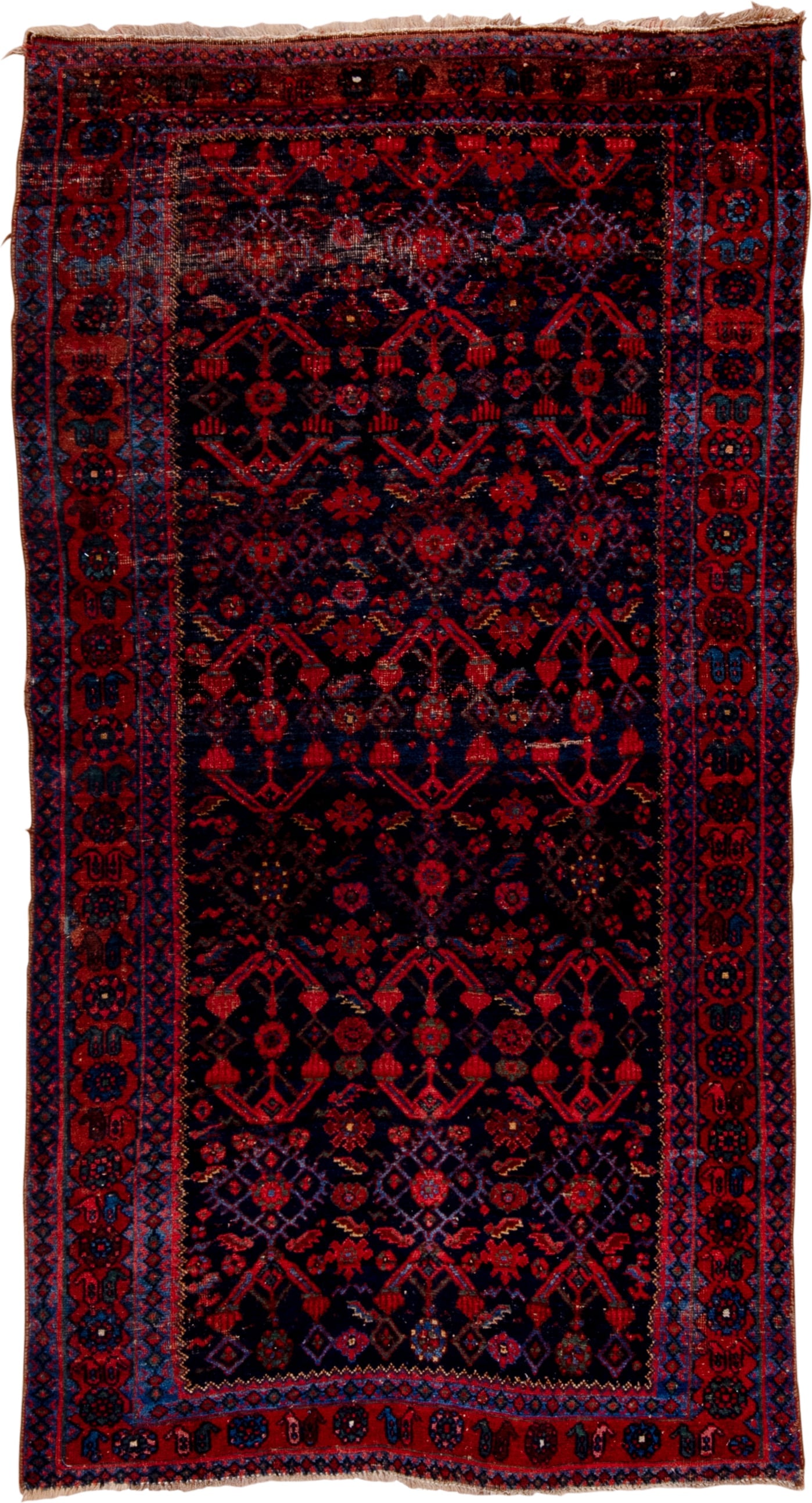 4' x 7' one-of-a-kind handmade vintage Bidjar rug. Color palette: navy, rust, crimson, indigo, burgundy, ivory, blue