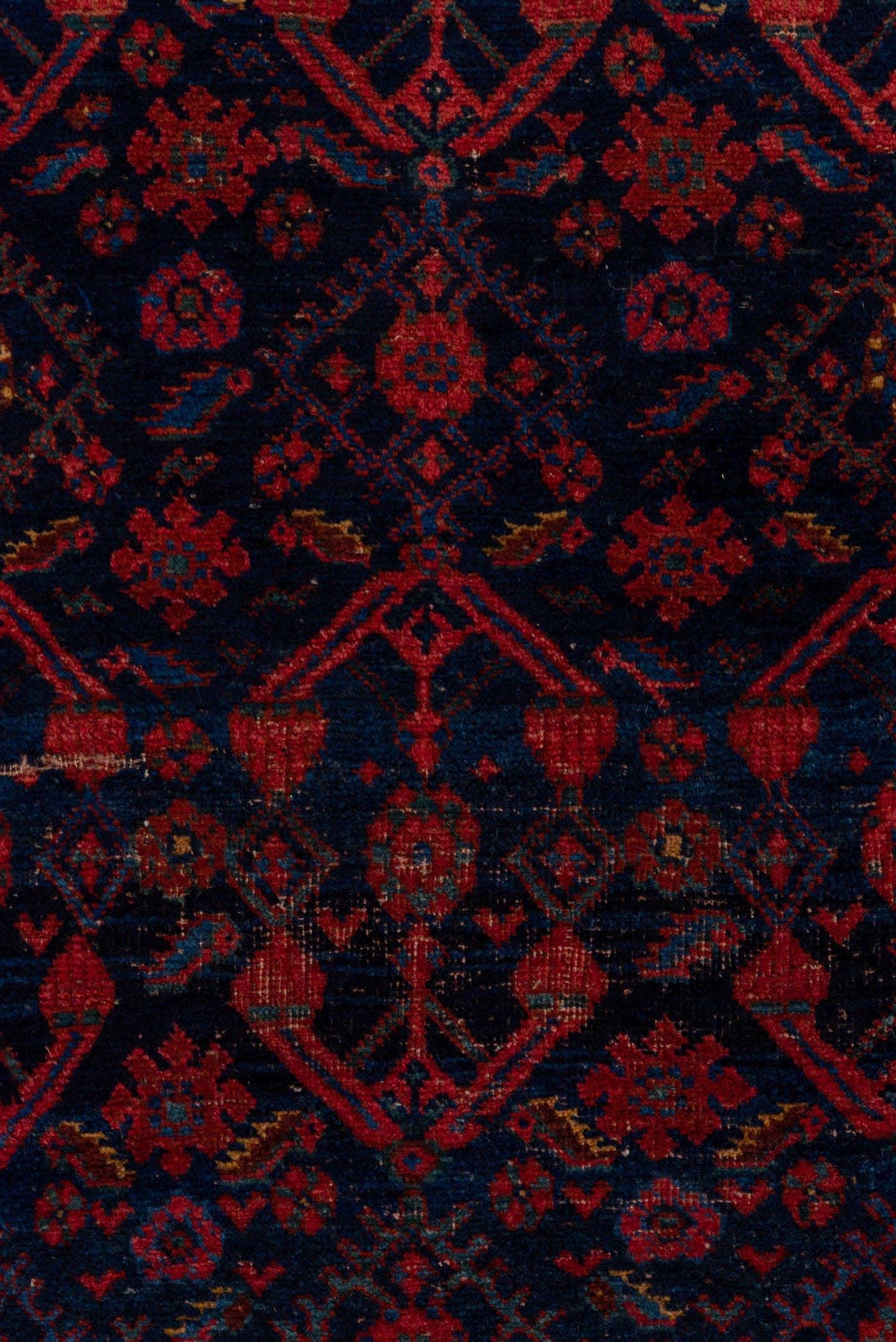 4' x 7' one-of-a-kind handmade vintage Bidjar rug. Color palette: navy, rust, crimson, indigo, burgundy, ivory, blue
