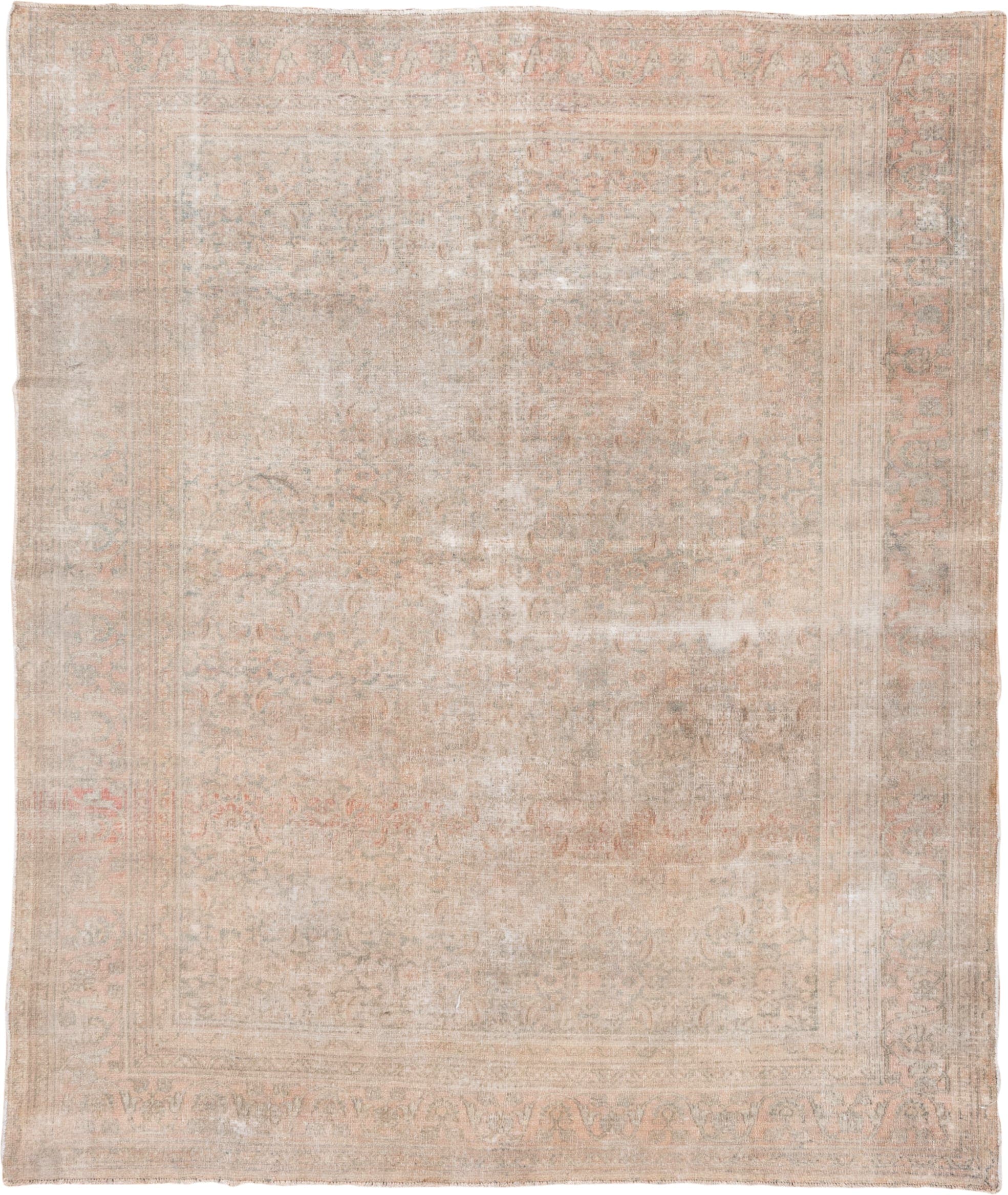 6' x 7' one-of-a-kind handmade vintage Khorassan rug. Color palette: ivory, blush, taupe, beige, sage, sand, pink, gray