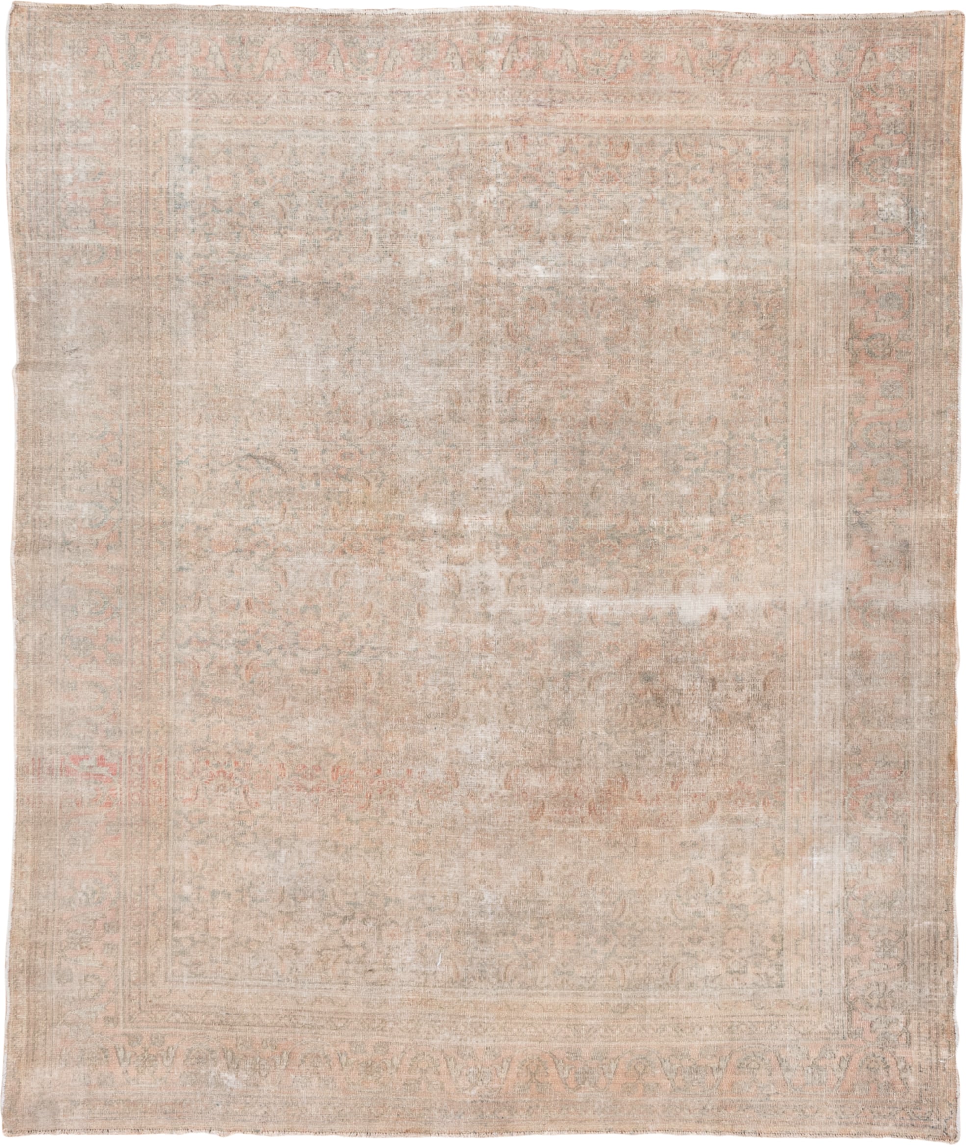 6' x 7' one-of-a-kind handmade vintage Khorassan rug. Color palette: ivory, blush, taupe, beige, sage, sand, pink, gray