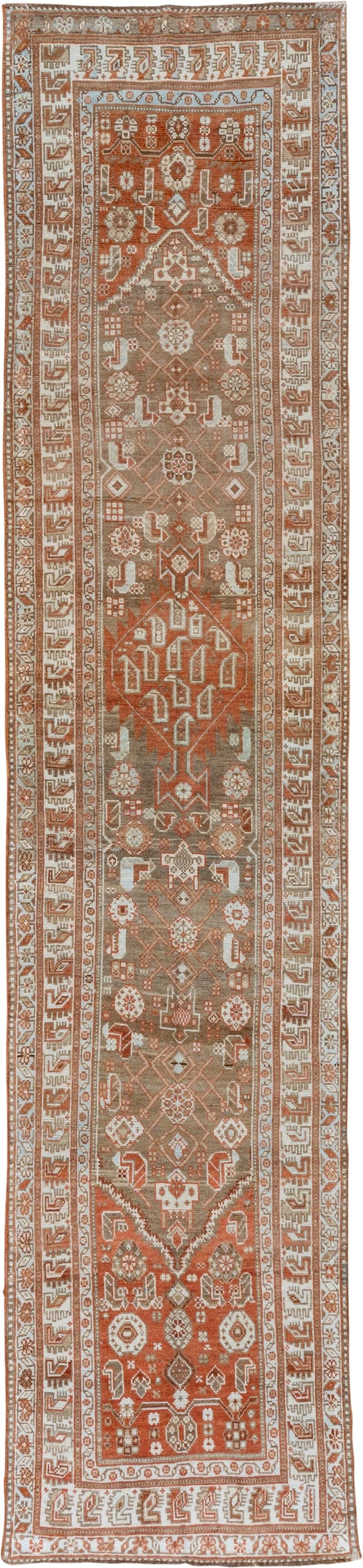 2' x 13' one-of-a-kind handmade vintage Malayer runner rug. Color palette: terra cotta, taupe, ivory, rust, camel, brown