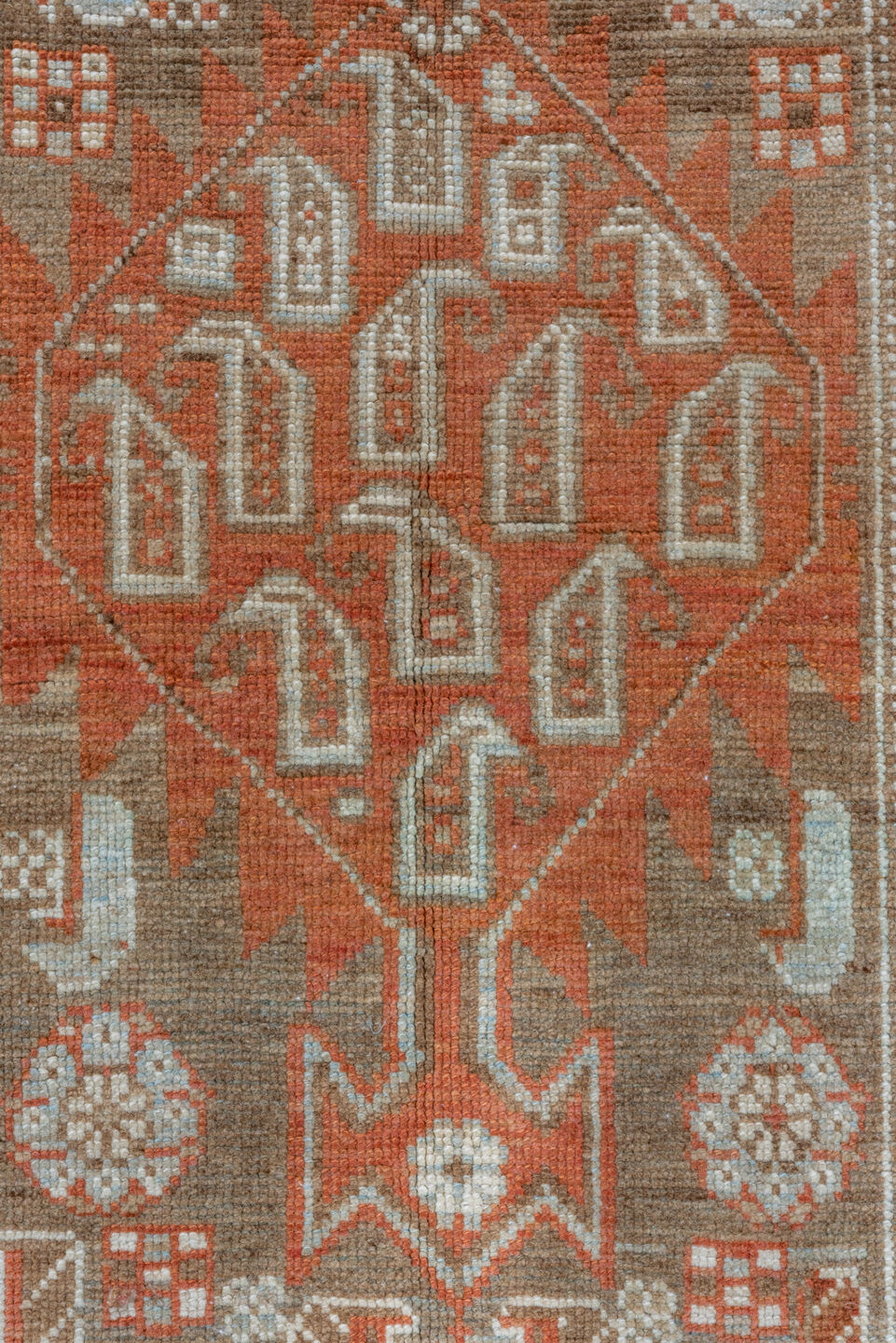 2' x 13' one-of-a-kind handmade vintage Malayer runner rug. Color palette: terra cotta, taupe, ivory, rust, camel, brown