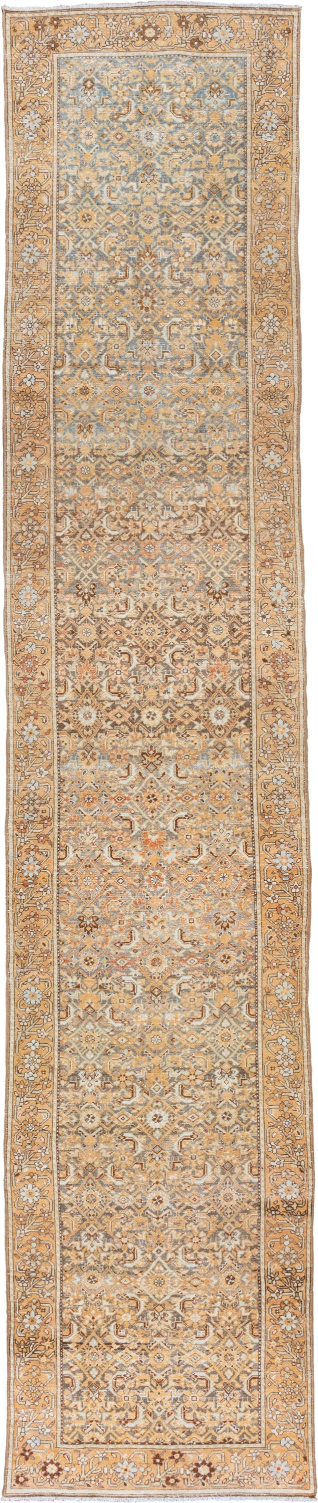 3' x 16' one-of-a-kind handmade vintage Malayer runner rug. Color palette: camel, ivory, sky_blue, taupe, gold, brown, beige
