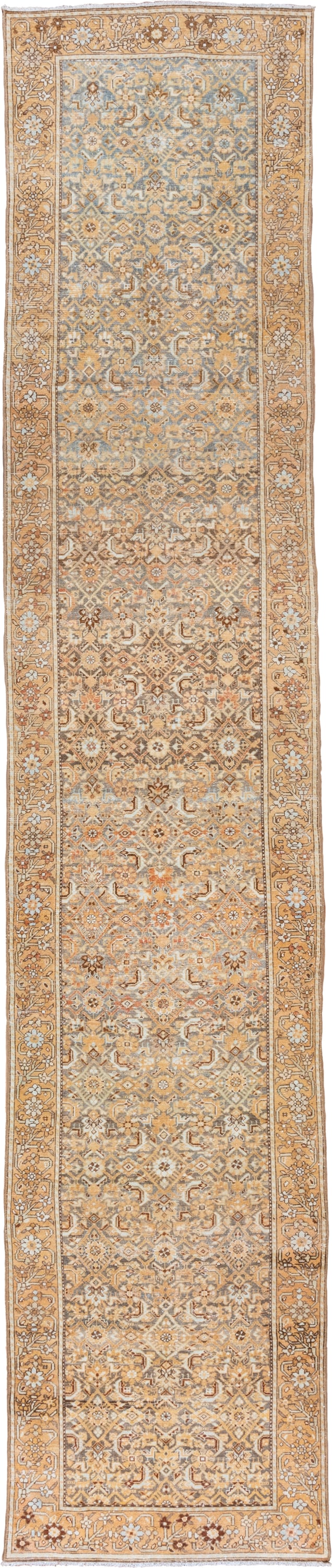 3' x 16' one-of-a-kind handmade vintage Malayer runner rug. Color palette: camel, ivory, sky_blue, taupe, gold, brown, beige