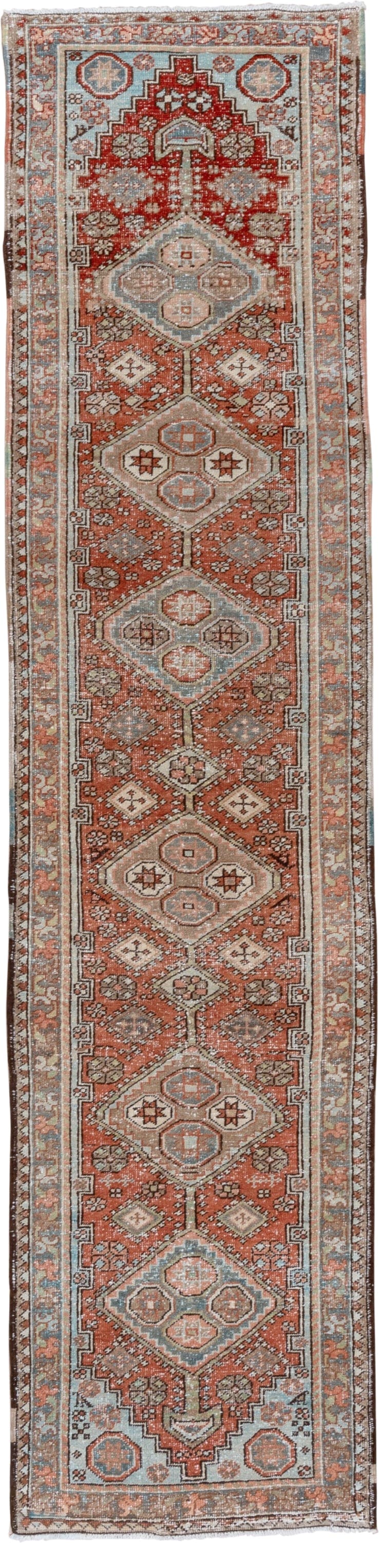 2' x 10' one-of-a-kind handmade vintage Heriz runner rug. Color palette: terra cotta, ivory, pale blue, taupe, rust, sage