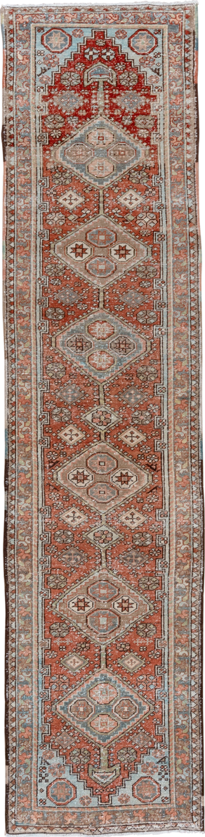 2' x 10' one-of-a-kind handmade vintage Heriz runner rug. Color palette: brown, dark gray, gray, light gray, off-white, pink