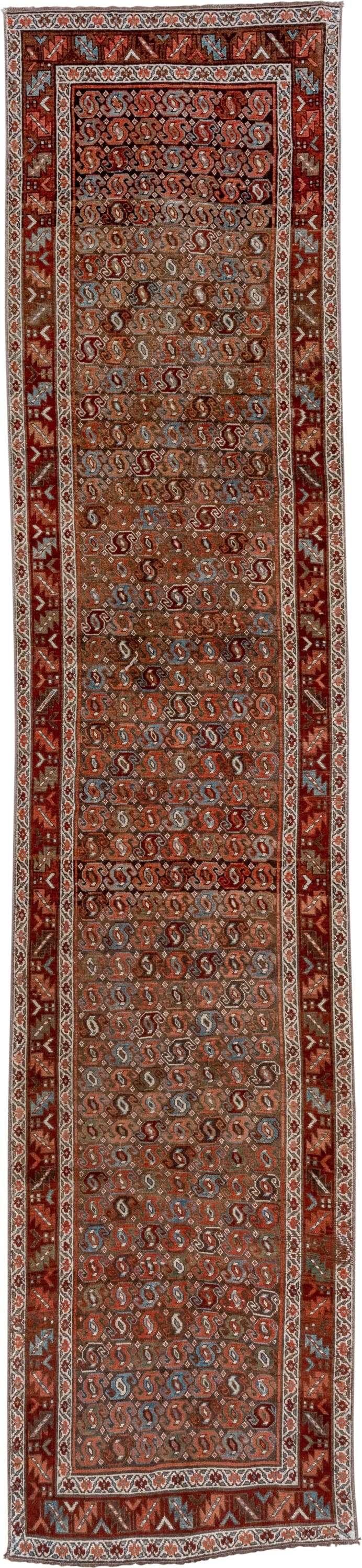 3' x 14' one-of-a-kind handmade vintage Malayer runner rug. Color palette: rust, ivory, slate, terracotta, brown, sky_blue