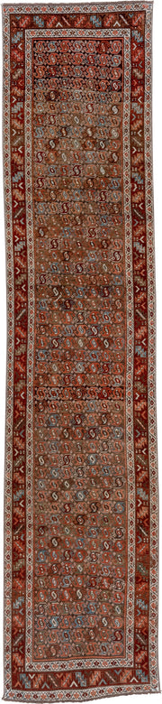 3' x 14' one-of-a-kind handmade vintage Malayer runner rug. Color palette: rust, ivory, slate, terracotta, brown, sky_blue