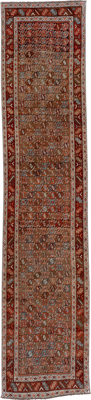 3' x 14' one-of-a-kind handmade vintage Malayer runner rug. Color palette: rust, ivory, slate, terracotta, brown, sky_blue