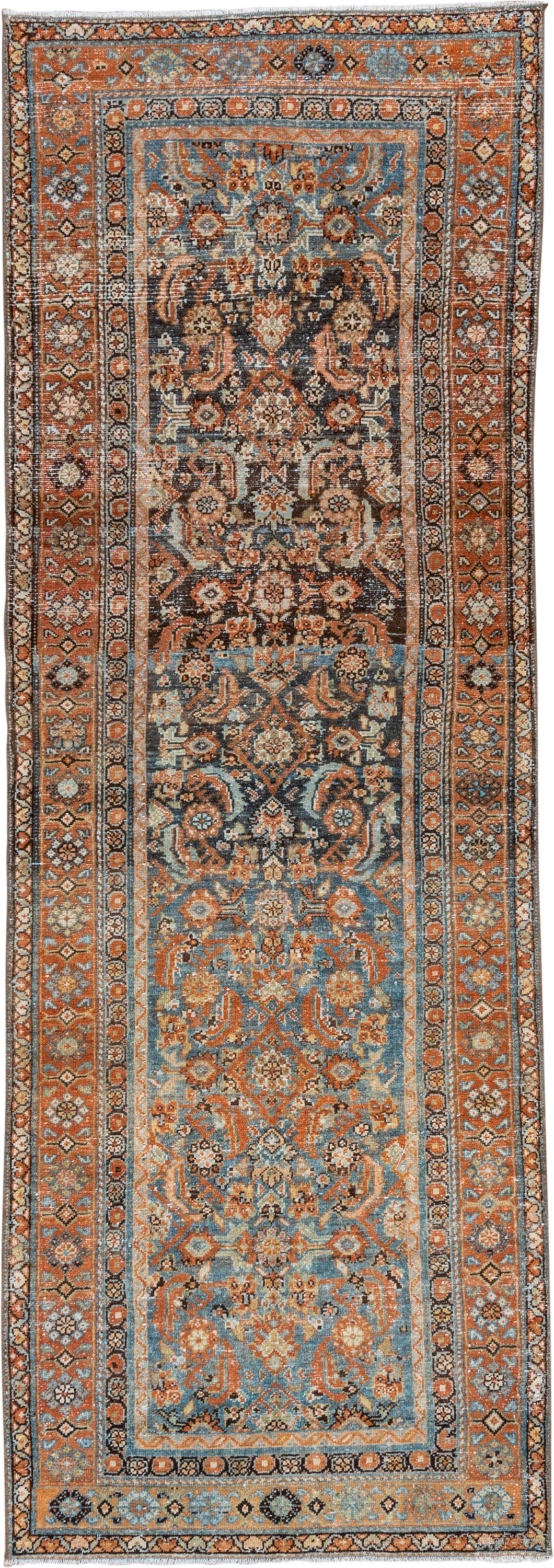 3' x 9' one-of-a-kind handmade vintage Malayer runner rug. Color palette: light blue, rust, ivory, navy, camel, charcoal