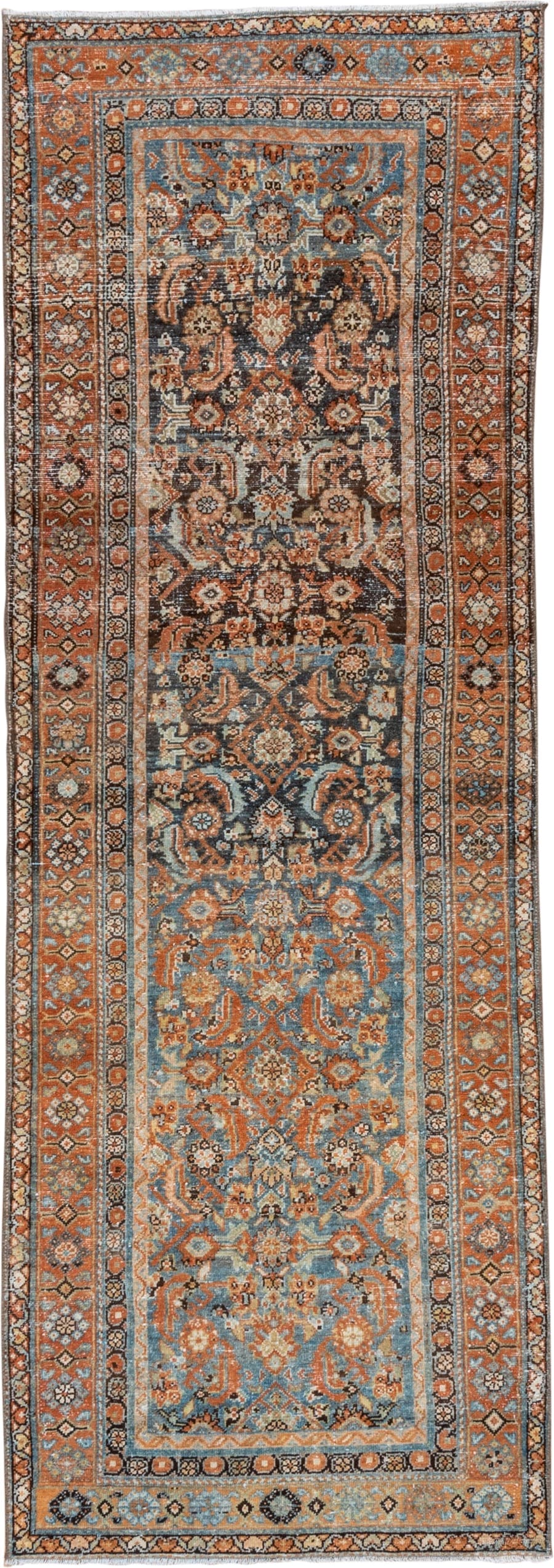 3' x 9' one-of-a-kind handmade vintage Malayer runner rug. Color palette: light blue, rust, ivory, navy, camel, charcoal