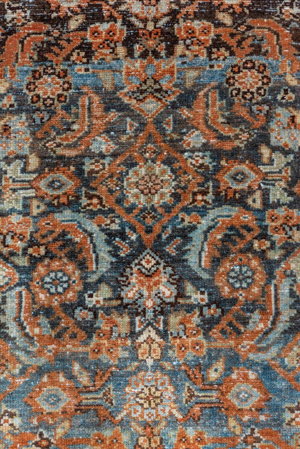 3' x 9' one-of-a-kind handmade vintage Malayer runner rug. Color palette: light blue, rust, ivory, navy, camel, charcoal