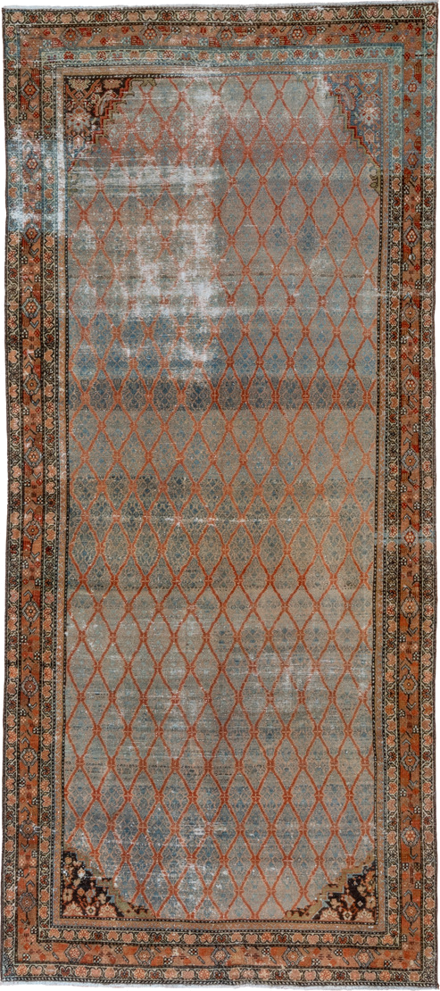 4' x 10' one-of-a-kind handmade vintage Malayer runner rug. Color palette: pale blue, rust, ivory, charcoal, taupe, camel