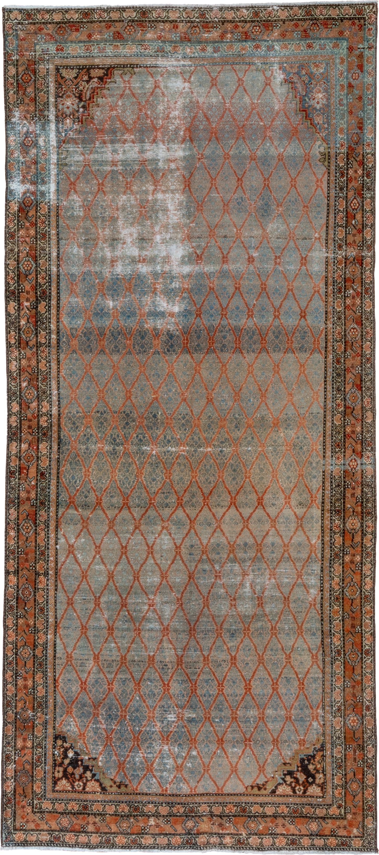 4' x 10' one-of-a-kind handmade vintage Malayer runner rug. Color palette: pale blue, rust, ivory, charcoal, taupe, camel