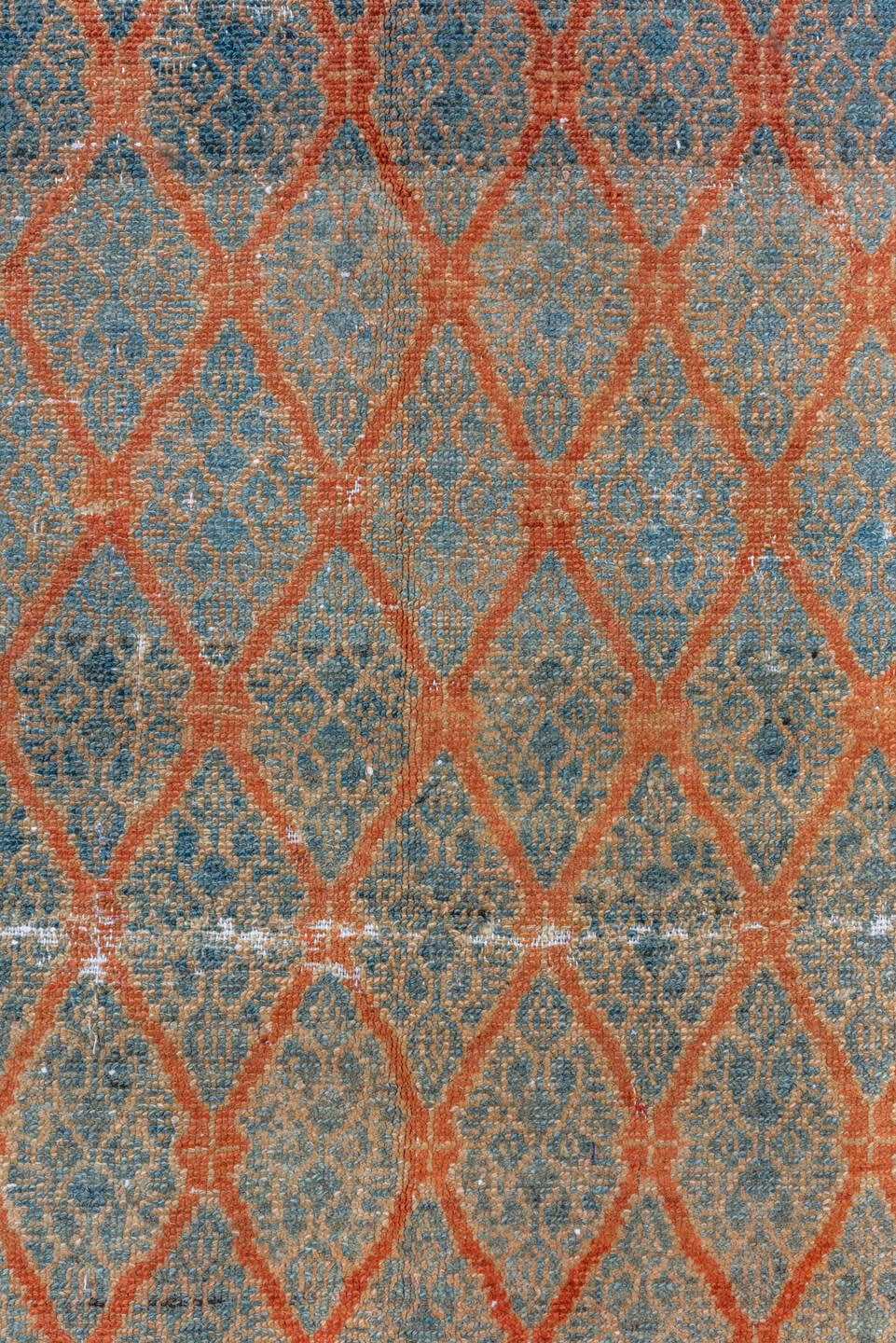 4' x 10' one-of-a-kind handmade vintage Malayer runner rug. Color palette: pale blue, rust, ivory, charcoal, taupe, camel