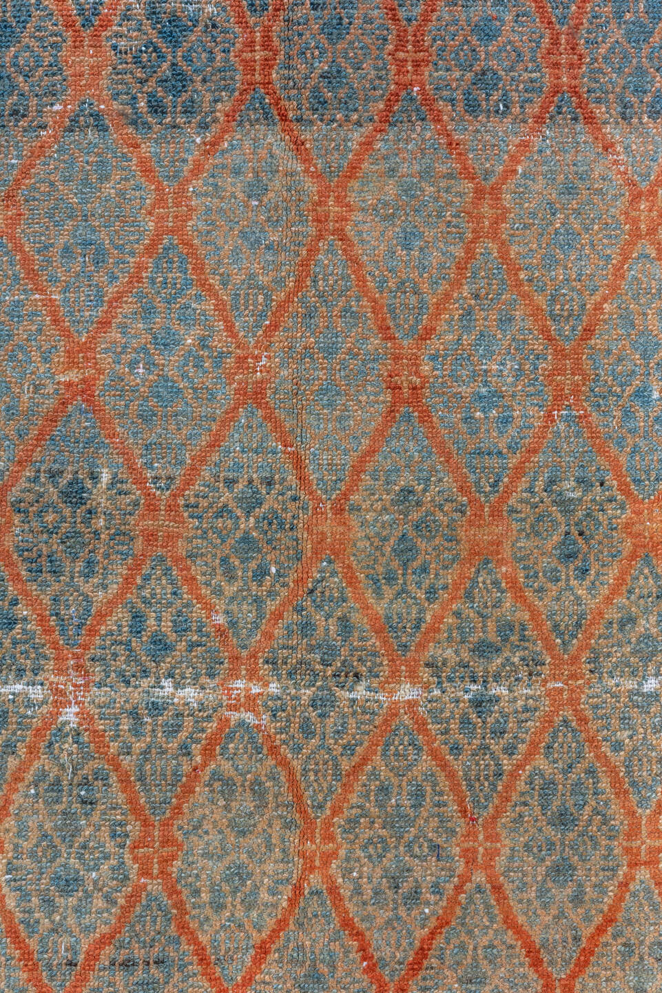 4' x 10' one-of-a-kind handmade vintage Malayer runner rug. Color palette: pale blue, rust, ivory, charcoal, taupe, camel