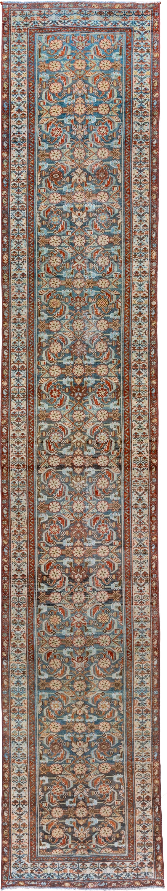 3' x 17' one-of-a-kind handmade vintage Malayer runner rug. Color palette: light blue, ivory, rust, navy, camel, brown