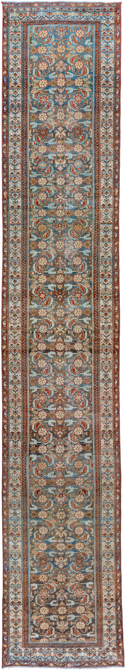 3' x 17' one-of-a-kind handmade vintage Malayer runner rug. Color palette: light blue, ivory, rust, navy, camel, brown