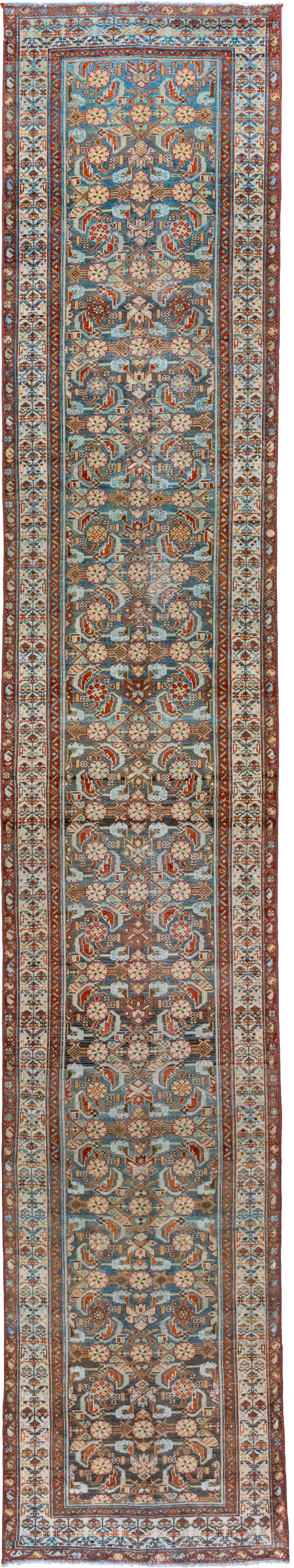 3' x 17' one-of-a-kind handmade vintage Malayer runner rug. Color palette: light blue, ivory, rust, navy, camel, brown